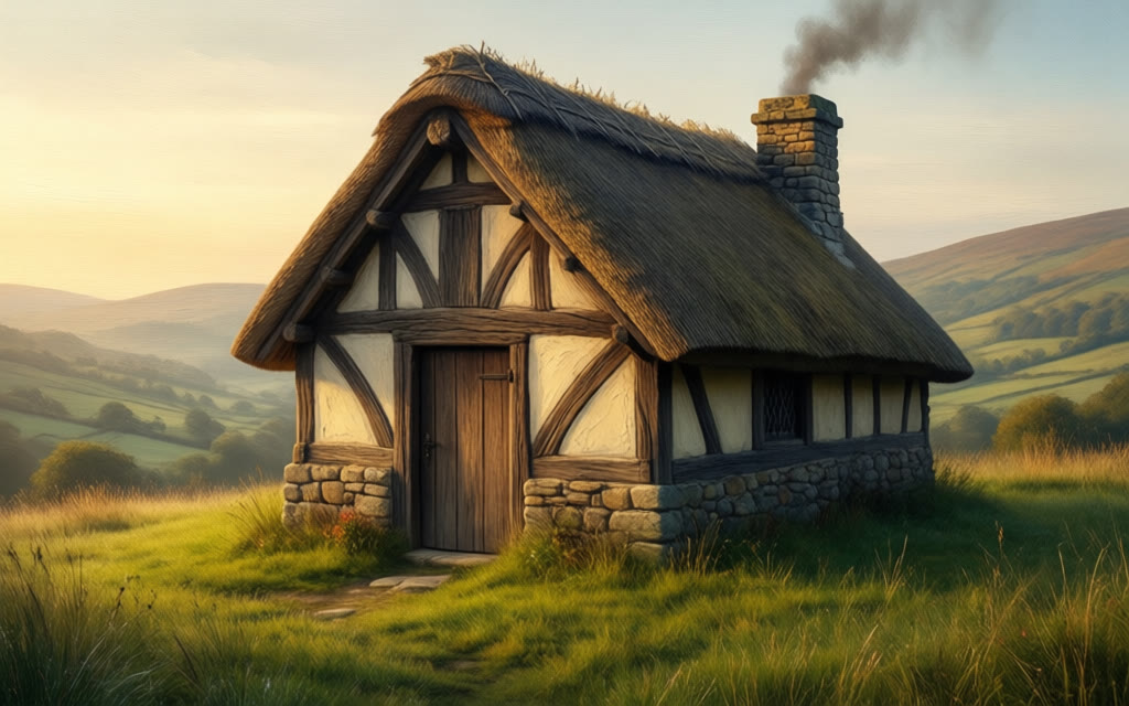 A thatched timber-framed cottage alone on a grassy hillside at dawn, smoke rising from its stone chimney, hedged fields in the valley behind