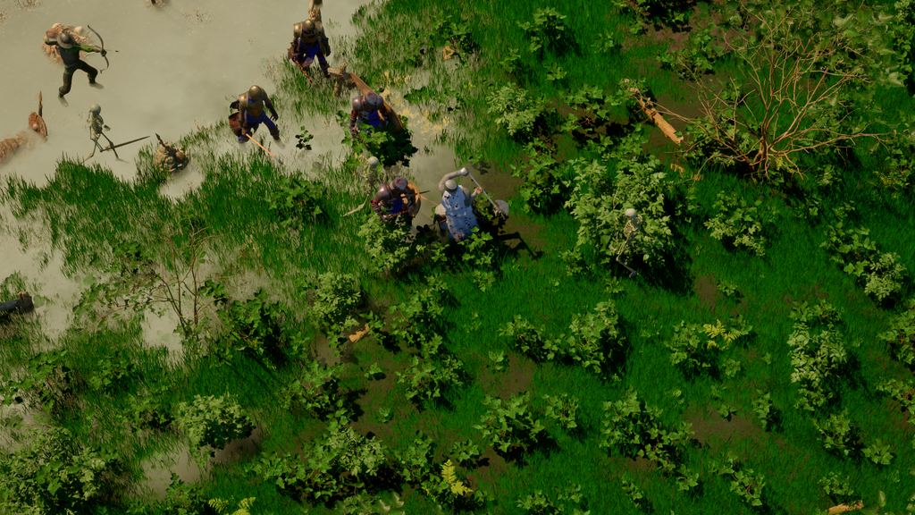 Six armoured settlers in mail and helmets hold a grass bank above a misty boneyard, spears and a shield raised. A goblin draws a bow at them from the mist and two skeletons close in