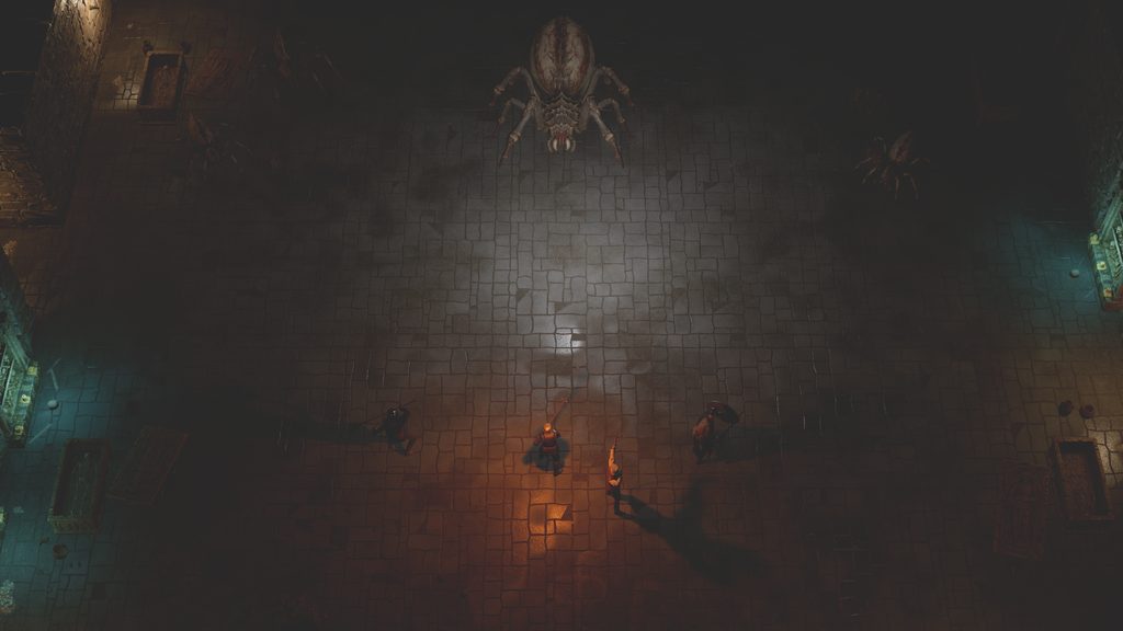 A vaulted stone crypt lit only by torchlight, stone coffins set along the walls, three figures standing below a giant spider that fills the dark above them