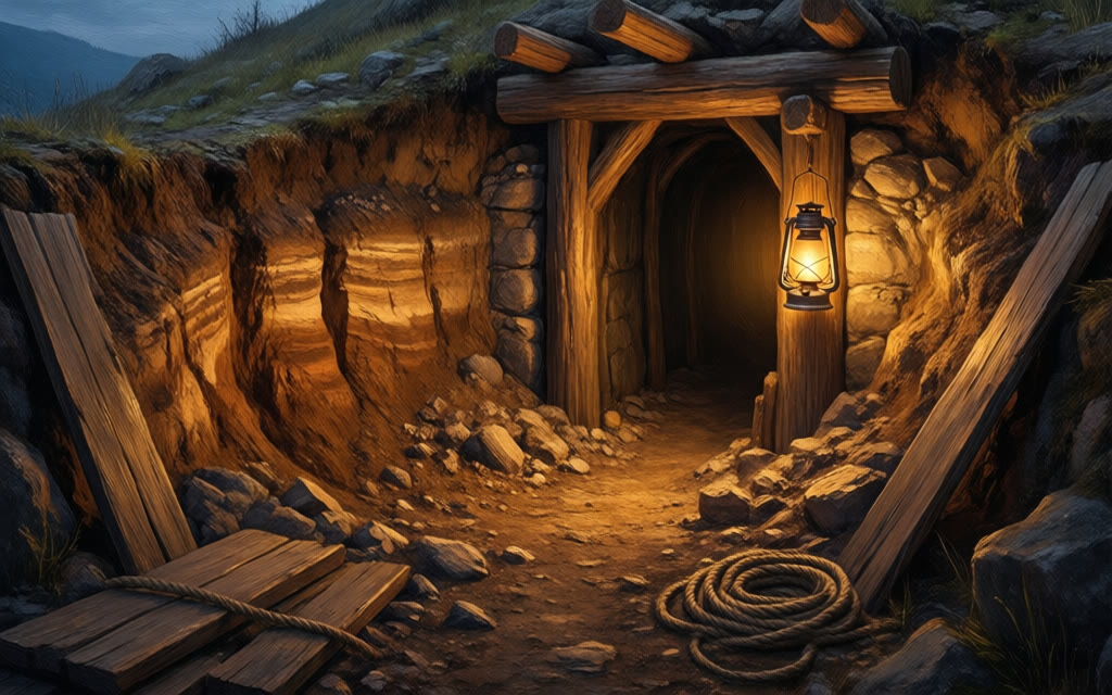 A hand-dug tunnel mouth shored with heavy timber and lit by a hanging lantern, layered rock strata, rubble, planks and coiled rope underfoot