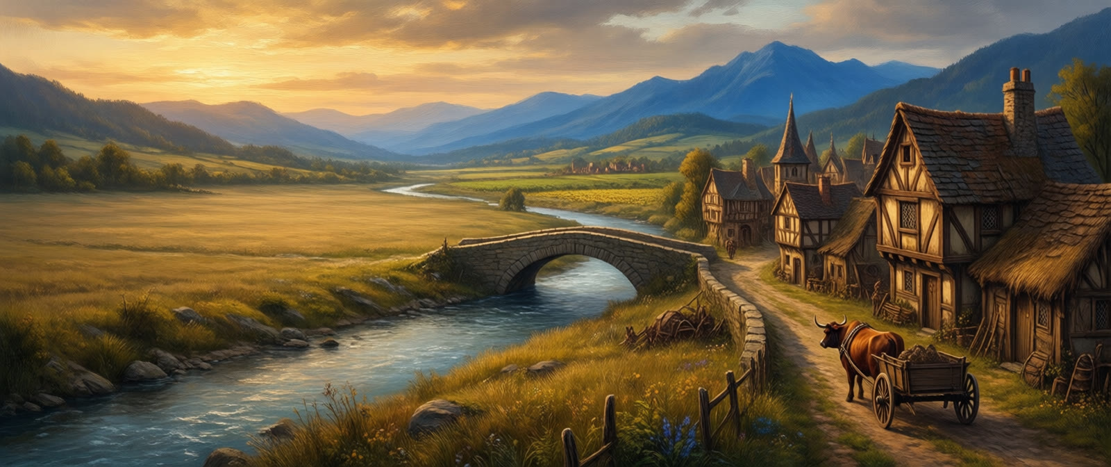 A river valley at golden hour: open meadow and a winding river on the left, a timber-framed village and stone bridge on the right, an ox cart on the road, mountains beyond