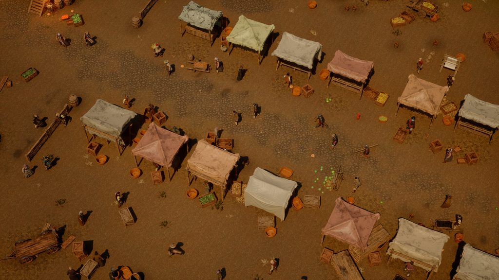 A packed-earth market square filled with rows of canopied stalls, crates of produce and barrels, traders and carts moving between them