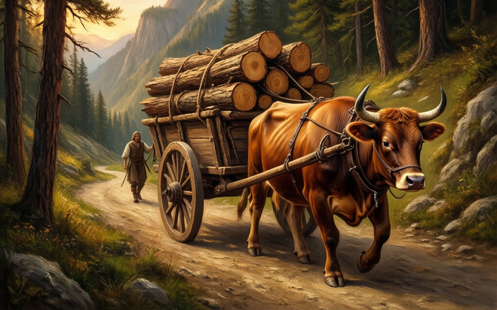 A harnessed ox hauling a wagon stacked with roped cut logs along a forest mountain road, a teamster walking behind
